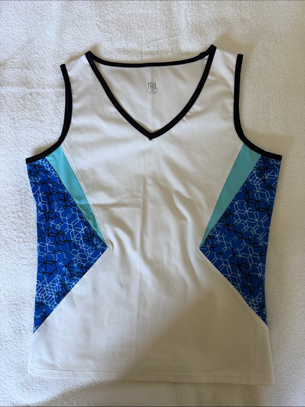 TAIL White V-Neck Tank with Blue Geometric Panels and Aqua Insets